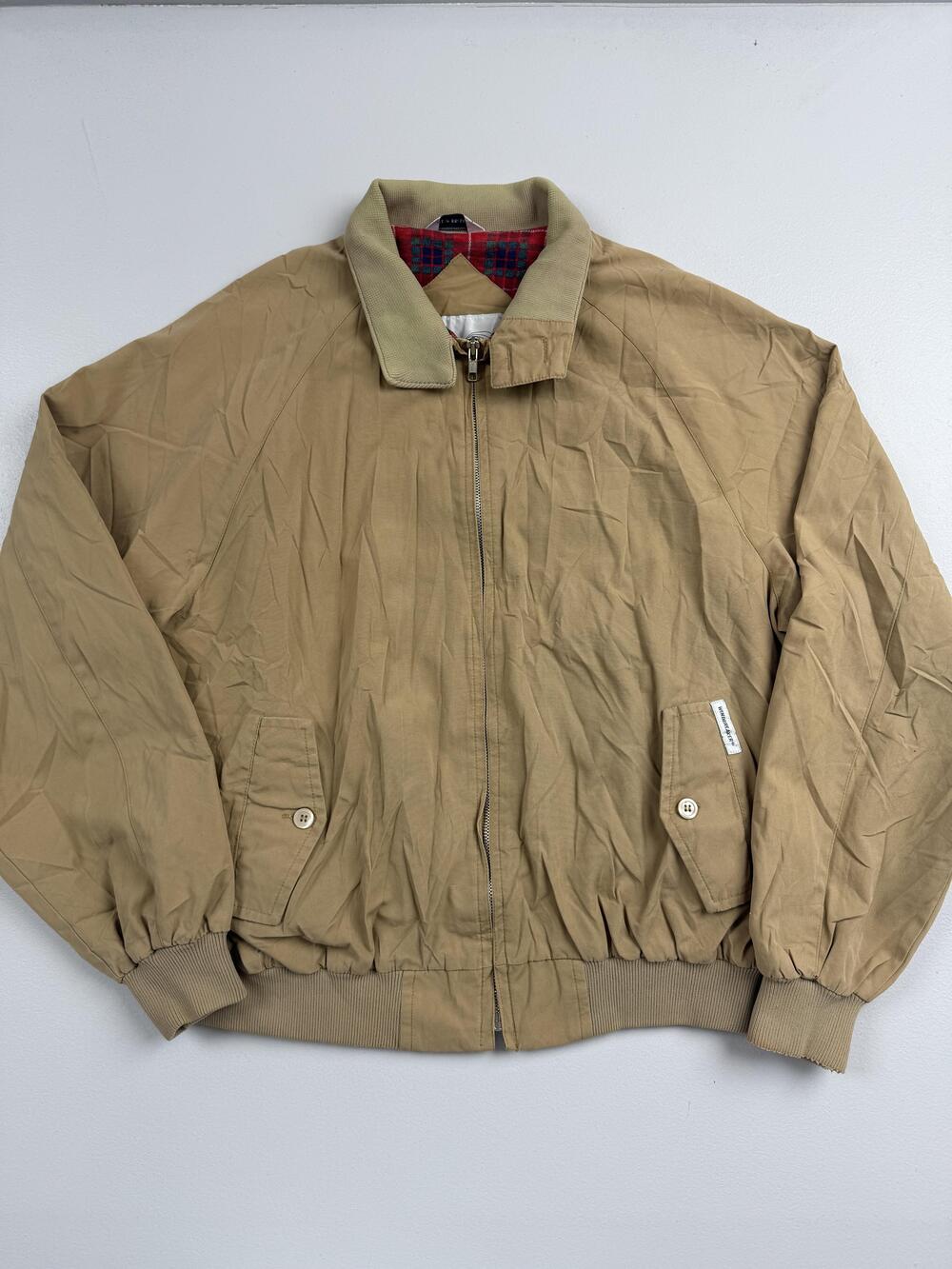 Windbreaker Brand Jacket Mens XL Beige Cotton Blend Plaid Flannel Lined Bomber